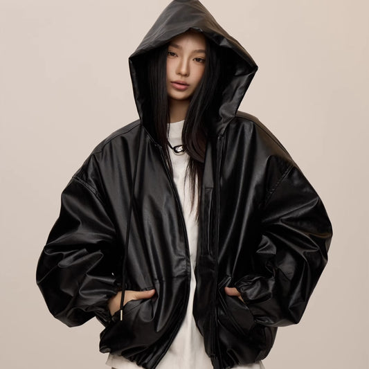Black Hooded Leather Coat